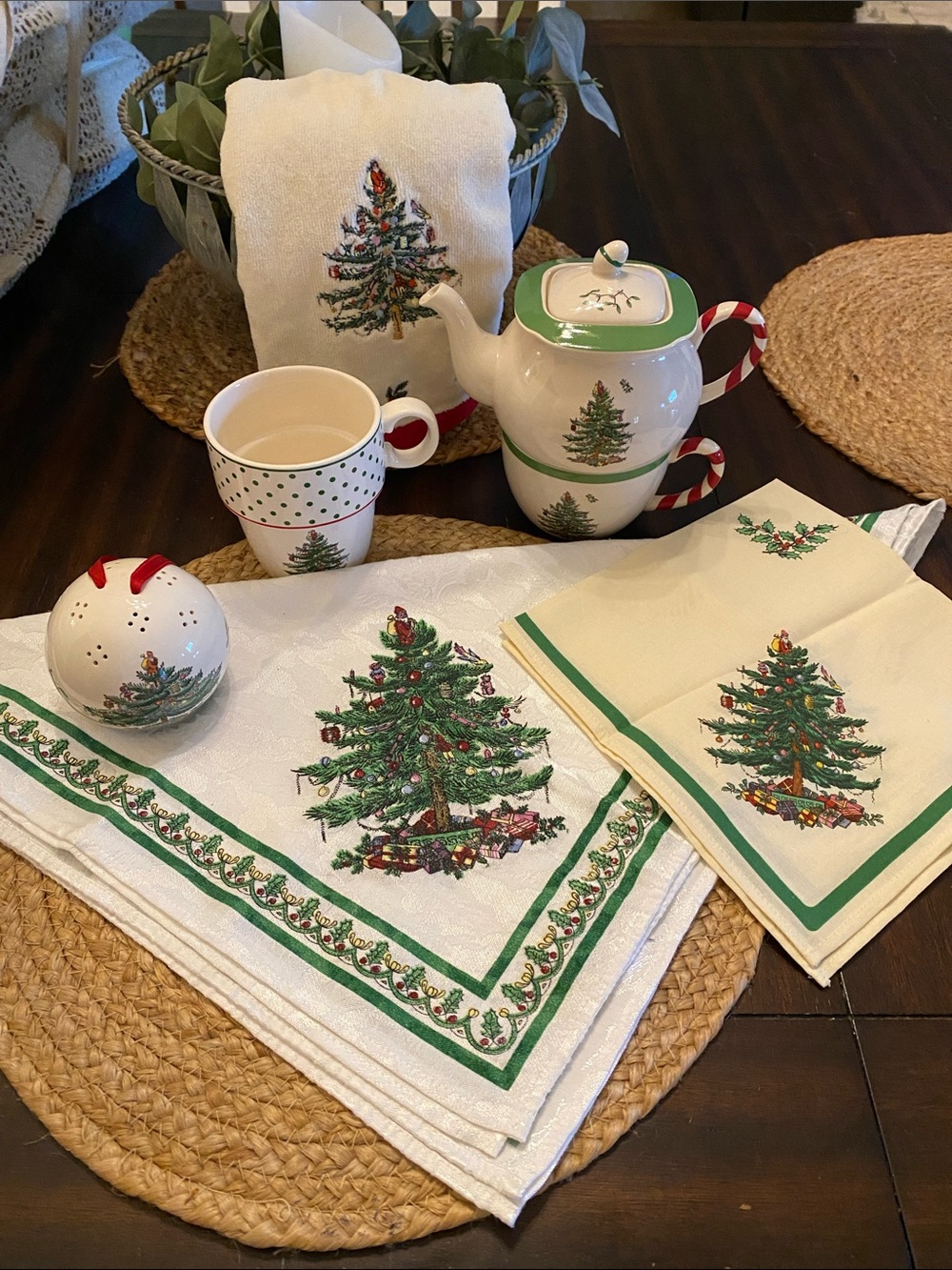 Spode Christmas Tree Bundle Tea Set, Napkins, Mug, Pomander Ball, Hand Towel